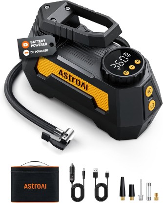 Picture of AstroAI H2 Pro Cordless Tire Inflator Portable Air Compressor 12VDC Battery | Dual Power Supply Auto Shut-Off Digital Pressure Gauge Fast Inflation Air Pump for Cars Motorcycles Bikes Ball Gift Yellow