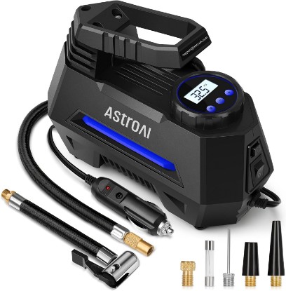 Picture of AstroAI AIRUN H Tire Inflator Portable Air Compressor, 12V DC Tire Inflator, Auto Shut-Off with Digital Pressure Gauge & LED Light, Fast Inflation for Car, Motorcycle, Bike Tires, 9.8Ft Cord, Blue