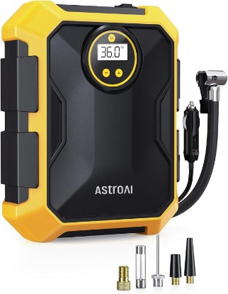 Picture of AstroAI Tire Inflator Portable Air Compressor 12V DC Integrated Storage | 9.8Ft Cord Digital Gauge Auto ShutOff LED Light Fast Inflation Air Pump for Car Tires Bike Ball Motorcycle Inflatables Yellow