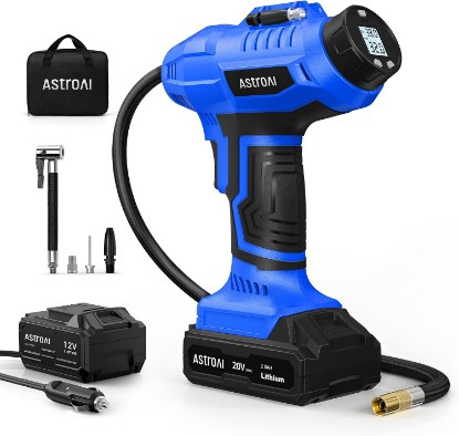 Picture of AstroAI Cordless Tire Inflator Portable Air Compressor 160PSI 12VDC Battery | Dual Power Supply Auto Shut-Off Digital Pressure Gauge Fast Inflation Air Pump for Cars Motorcycles Bikes Ball Gift Blue