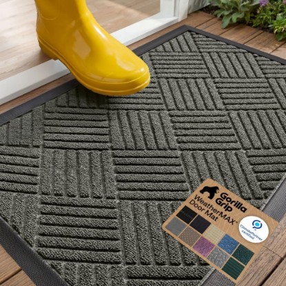 صورة GORILLA GRIP WeatherMAX Door Mat, Indoor Outdoor Use, 29x17 Gray Diamond | 100% Waterproof Outdoor Doormat, US Designed, Stain and Fade Resistant, Low Profile Front Door Mat, Easy to Clean Welcome Mat ClimatePartner certified