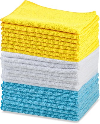 Picture of Amazon Basics Microfiber Cleaning Cloths, Ultra Absorbent, Lint Free, Streak Free, Non-Abrasive, Reusable and Washable, 16" x 12", Blue/White/Yellow, Pack of 24 [Amazon-developed Certification] Compact by Design