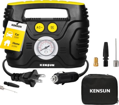 Picture of Kensun Portable Air Compressor Pump for Car 12V DC and Home 110V AC Swift Performance Tire Inflator 100 PSI for Car - Bicycle - Motorcycle - Basketball and Others with Analog Pressure Gauge (AC/DC)