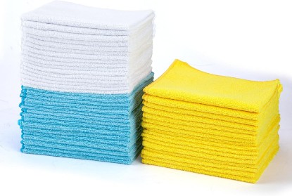 صورة Amazon Basics Microfiber Cleaning Cloths, Highly Absorbent, Scratch-Free, Ultra-Soft, Non-Abrasive, Reusable and Washable, 16" x 12", Blue/White/Yellow, 48-Pack [Amazon-developed Certification] Compact by Design