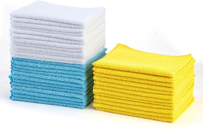 Picture of Amazon Basics Microfiber Cleaning Cloths, Ultra Absorbent, Scratch-Free, Highly Absorbent, Non-Abrasive, Reusable and Washable, 16" x 12", Blue/White/Yellow, 36-Pack [Amazon-developed Certification] Compact by Design