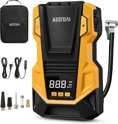 Picture of AstroAI Tire Inflator Portable Air Compressor, 110V AC/12V DC Dual Power | Electric Air Pump with 150PSI Max Pressure & LED Light, Fast Inflation for Cars, Bikes, Motorcycles, and Inflatables, Yellow