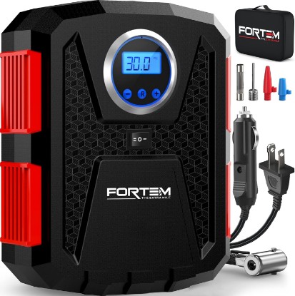 صورة FORTEM Tire Inflator Portable Air Compressor, Air Pump for Car Tires and Bikes, Car Tire Pump w/Auto Shut Off, 150 PSI, 110V AC 12V DC, LED Light, Carrying Case, Perfect for Men, Women