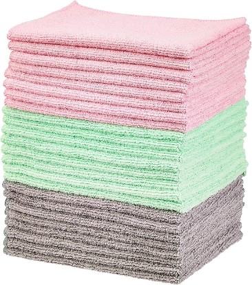 Picture of Amazon Basics Microfiber Cleaning Cloths, Ultra-Soft and Highly Absorbent, Streak-Free, Lint-Free, Scratch-Free, Washable, for Car Detailing and Glass Cleaning, 16" x 12", Green/Gray/Pink, 24-Pack