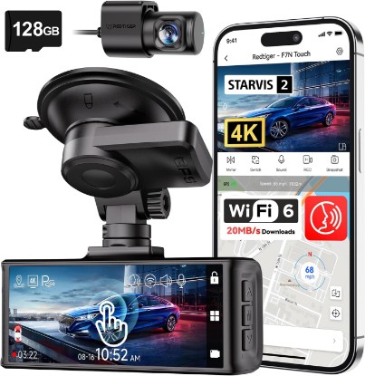 Picture of REDTIGER 4K STARVIS 2 Dashcam Front Rear, 5GHz WiFi 20MB/s, Free 128GB Card | Voice Control, Touch Screen, GPS, Loop Recording, Parking Mode, Audio Recording, WDR Night Vision, Supercapacitor(F7N Touch)