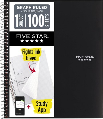 Picture of Five Star Spiral Notebook + Study App, 1 Subject, Graph Ruled Paper, 8-1/2" x 11", 100 Sheets, Fights Ink Bleed, Water Resistant Cover, Black (73679)