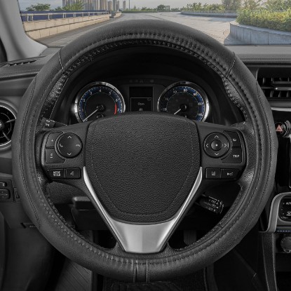 Picture of Motor Trend GripDrive Faux Black Leather Steering Wheel Cover for Car Truck Van SUV, Standard 15 inch Size, Solid Black Stitched Car Steering Wheel Cover Vehicle & Auto Accessories