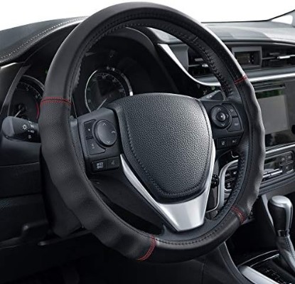 Picture of Motor Trend Faux Leather Steering Wheel Cover, Standard 15 inch Size, Comfort Grip Design, Solid Black Car Steering Wheel Cover for Truck Van SUV Auto