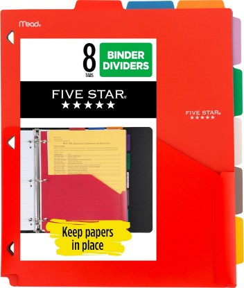 Picture of Five Star 8-Tab Binder Pocket Dividers, Plastic Tabbed Divider with Pocket, 9-3/4" x 11", 3-Hole Punched, 8 Count, Assorted Colors (201590)