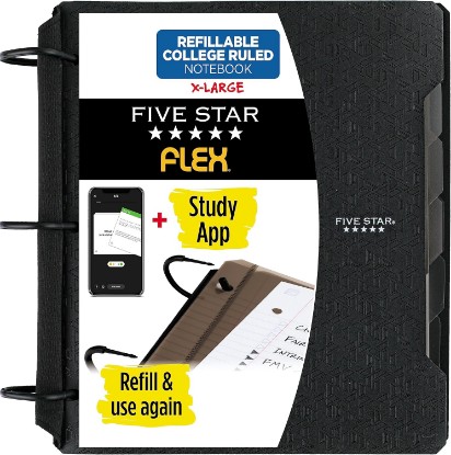 Picture of Five Star Flex Refillable Notebook + Study App, College Ruled Paper and 1-1/2 Inch TechLock Ring Binder with Pockets, Tabs and Dividers, 300 Sheet Capacity, Black (29324AA2)