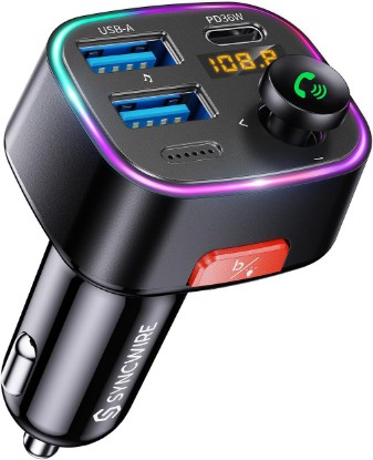 Picture of SYNCWIRE Bluetooth 5.4 Car Adapter 48W FM Transmitter for Hands Free Calls | Light Switch, Fast Charge (PD 36W & 12W), HiFi Bass Sound, LED Display, USB Drive Support, Wireless Radio Music Adapter