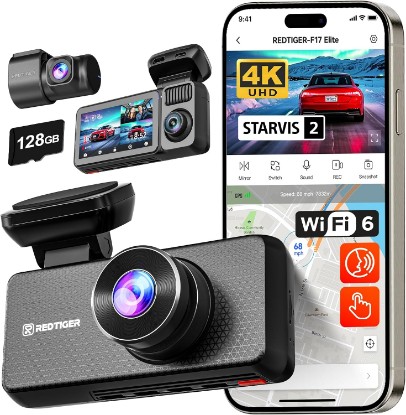 Picture of REDTIGER F17 Elite 4K Dash Cam 3 Channel, STARVIS 2 IMX678 & IMX675, 128GB Card, Full Night Color, 4K+2.5K+1080P Front and Rear Inside, Voice Control, 5GHz WiFi-30MB/s Download, GPS, HDR, Parking Mode