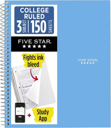 Picture of Five Star Spiral Notebook + Study App, 3 Subject, College Ruled Paper, 8.5" x 11", 150 Sheets, Blue (Color May Vary) (820003NH0)