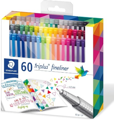 Picture of STAEDTLER triplus Fineliner 60pc Felt-Tip Pen Set: 0.3mm Assorted Colors, Water-Base Ink, Ergonomic Triangular Shape - For Detailed Coloring, Writing, Journaling & Drawing in Classroom, Home, Office