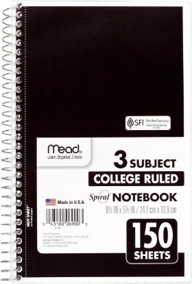 Picture of Mead Small Spiral Notebook, 3-Subject, College Ruled Paper, 9-1/2" x 5-1/2", 150 Sheets per Notebook, Color Will Vary, 1 Count (06900)