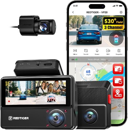 Picture of REDTIGER VP20 530° View 3 Channel Dash Cam, 2.5K+2.5K+1080P, Touch Screen | 1440P HD Car Camera, 4 IR Night Vision, Built-in GPS, WiFi APP Control, Loop & Lock Video Surveillance, 24H Parking Mode
