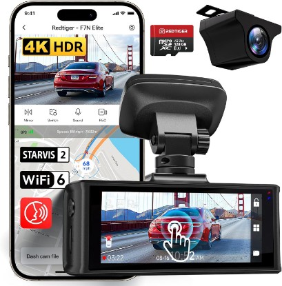 Picture of REDTIGER F7N Elite 4K HDR Dash Cam, STARVIS 2, Voice Control, 128G Card | 5.8GHz WiFi 6, 3.18 Inch Touchscreen, Built-in GPS, Dashcam Front and Rear Camera with WDR, Loop Recording, 24H Parking Mode