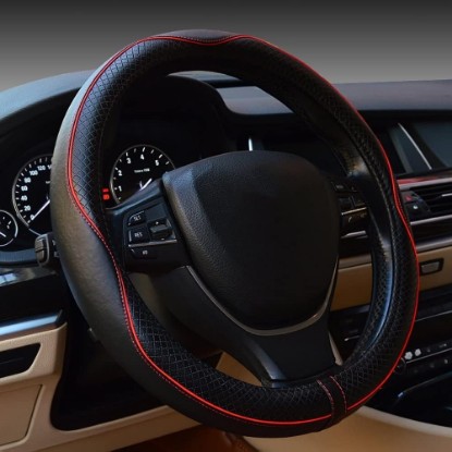 صورة Car Steering Wheel Cover, Anti-Slip, Safety, Soft, Breathable, Heavy Duty, Thick, Full Surround, Sports Style (Black with Red line)