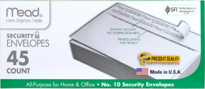Picture of Mead #10 Security Business Envelopes Letter Size 4-1/8" x 9-1/2" – Peel and Seal, Privacy Lined, No-Window, Press-It Seal-It Self-Adhesive for Home & Office Mailing, 45 Count (75026)