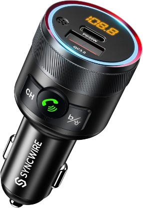 Picture of SYNCWIRE Bluetooth 5.4 Car Adapter 38W FM Transmitter Hands Free Calls | QC3.0 dual USB fast charging. Built-in mic for clear hands-free calling. Deep bass sound and MP3 music player kit.