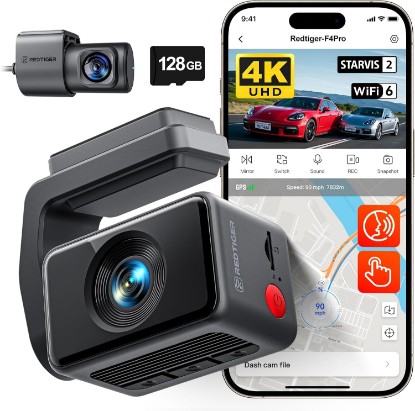 Picture of REDTIGER F4 Pro 4K STARVIS 2 Dash Cam, 5.8GHz WiFi 6 Transfer, 128GB Card | 2.2" Touch Screen, Voice Control, Mini Dash Cam Front and Rear with HDR Night Vision, Loop Recording, 24H Parking Mode