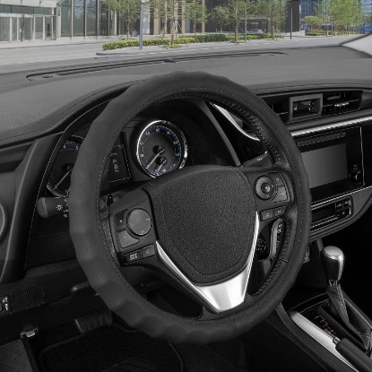 Picture of BDK Genuine Black Leather Steering Wheel Cover for Car, Small (13.5" - 14.5") – Ergonomic Comfort Grip for Men & Women, Car Steering Wheel Cover for Vehicles with Small Steering Wheels