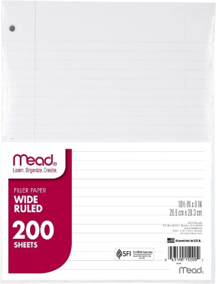 Picture of Mead Loose Leaf Paper, Wide Ruled Filler Notebook Paper, 8" x 10-1/2", 200 Sheets, Fits 3-Ring Binder (15200)