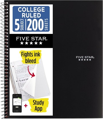 Picture of Five Star Spiral Notebook + Study App, 5 Subject, College Ruled Paper, 8-1/2" x 11", 200 Sheets, Fights Ink Bleed, Water Resistant Cover, Black (72081)