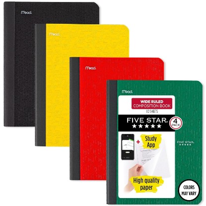 Picture of Five Star Composition Book + Study App, 4 Pack, Wide Ruled Paper, 7-1/2" x 9-3/4", 80 Sheets, Forest Green, Tidewater Blue, Fire Red and Harvest Yellow (950033B-ECM)