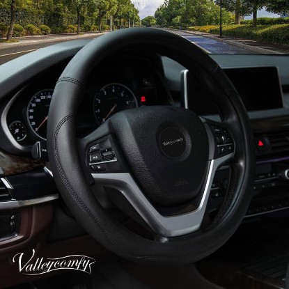 صورة Valleycomfy Microfiber Leather Steering Wheel Cover Universal 15 inch (Black)