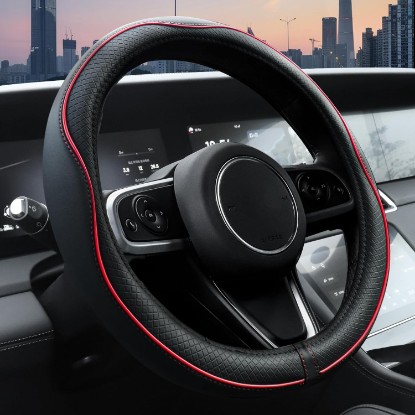 Picture of Ouzorp Car Steering Wheel Cover, Microfiber Leather Steering Wheel Covers with Anti-Slip Lining, Universal 14.5-15 inchs Black with Red line