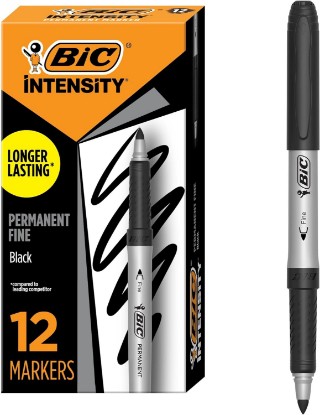Picture of BIC Intensity Black Permanent Markers, Fine Point, 12-Count Pack of Markers | Long Lasting Ink, Non-Slip Grip for Comfort and Control, Marks on Most Surfaces, Ideal for Art Projects and Writing