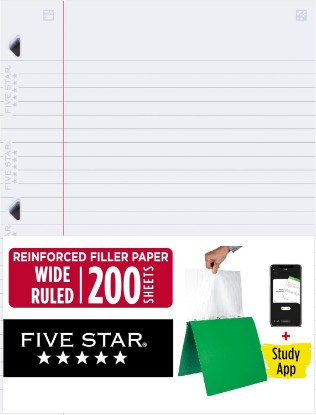 Picture of Five Star Loose Leaf Paper + Study App, Wide Ruled Filler Notebook Paper, Reinforced, Fights Ink Bleed, 8" x 10-1/2", 200 Sheets (150039)