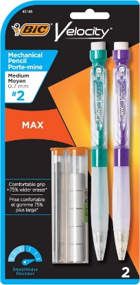 Picture of BIC Velocity Max Mechanical Pencils, With Colorful Barrel, Medium Point (0.7mm), 2-Count Pack Mechanical Pencils With Erasers and Lead Refills