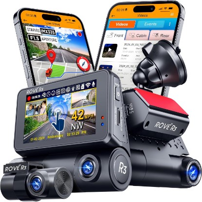 Picture of ROVE R3 3 Channel Dash Cam Front and Rear with Cabin, 3in IPS Touch Screen | 1440P+1080P+1080P Recording, IR Night Vision, 5.8GHz WiFi up to 30MB/s, Quad-Mode GPS, Supports 512GB Max, for Rideshare