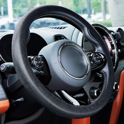 Picture of Spurtar Car Steering Wheel Cover for Women Men Car Accessories, Silicone Anti-Slip Thin Steering Wheel Protector, Black Soft Leather Texture Interior Vehicle Accessories, Fit Diamenter 15" - 16.5"