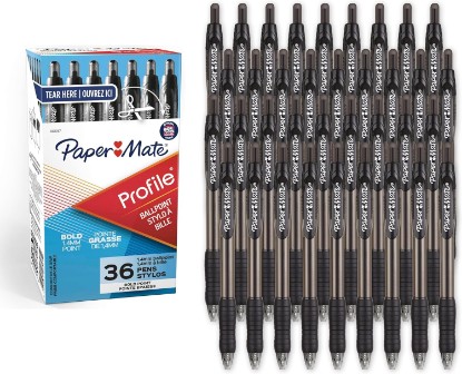 Picture of Paper Mate Profile Retractable Ballpoint Pens, Bold Point (1.4mm), Black, 36 Count - Office Supplies, Comfortable Grip, Everyday Writing