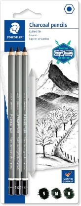 Picture of STAEDTLER Mars Lumograph Charcoal Pencils, Blister Pack of 3 Drawing Pencils (H, M, S) + 1 Blending Stump