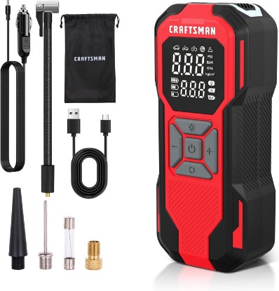 Picture of CRAFTSMAN Tire Inflator Portable Air Compressor, Cordless Mini Air Pump for Car Tires with Digital Tire Pressure Gauge, 6000mAh Battery Powered Air Pump, Max Pressure 150 PSI, 12V DC Corded