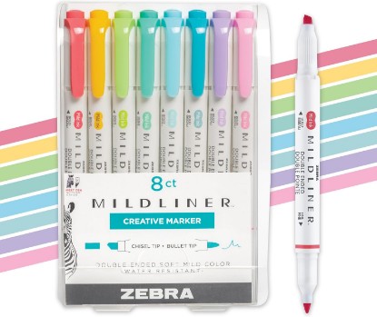 Picture of Zebra Pen MILDLINER No Bleed Highlighter, Assorted Colors, Dual Tip, 8-Pack | Broad and Fine Point Tip Marker Set, Ideal for Bible Highlighting, Journaling, School, Teacher and Office Supplies (78108)