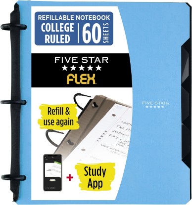 Picture of Five Star Flex Refillable Notebook + Study App, College Ruled Paper and 1 Inch TechLock Ring Binder with Pockets, Tabs and Dividers, 200 Sheet Capacity, Pacific Blue (293280AD2)