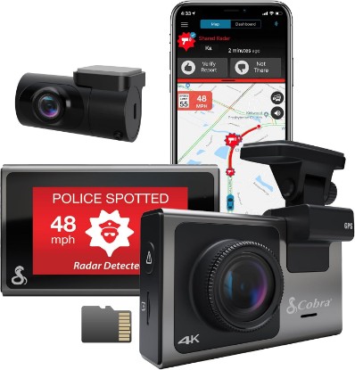 Picture of COBRA Smart Dash Cam + Rear Cam (SC 400D), UHD 4K Resolution, Wi-Fi & GPS | 3-Camera Capable, Live Police Alerts, Emergency Mayday, Drive Smarter App, 3" Touchscreen, 32GB SD Card Incl