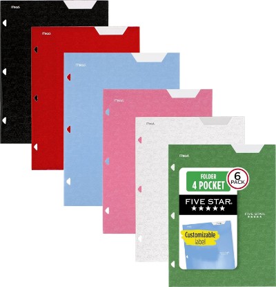 Picture of Five Star 4-Pocket Folder, 6 Pack, Paper Folder, Fits 3-Ring Binders, Holds 8-1/2" x 11" Paper, Assorted Colors (38058)