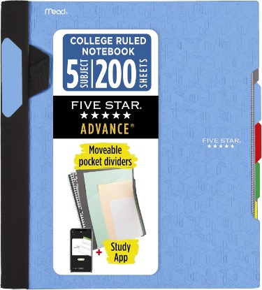 Picture of Five Star Advance Spiral Notebook + Study App, 5 Subject, College Ruled Paper, 8-1/2" x 11", 200 Sheets, Spiral Guard, Movable Tabbed Dividers, Pacific Blue (73150)