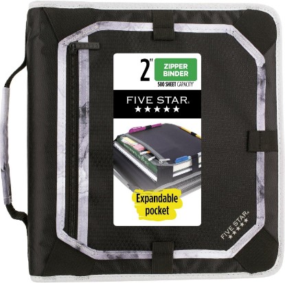 Picture of Five Star Zipper Binder, 2 Inch 3-Ring Binder with Round Rings, Expansion Panel and 5-Tab Expanding File, 580 Sheet Capacity, Black (29052IT8)