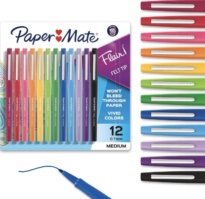 Picture of Paper Mate Flair Felt Tip Pens, Medium Point (0.7mm), 12 Count - For Arts & Crafts, Note-Taking, Journaling, School Supplies for Teachers & Students